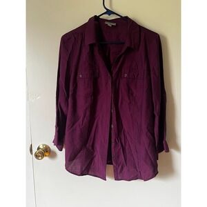 Roz & Ali Plum Purple Button Down Utility Shirt Roll Tab Sleeve Womens Large